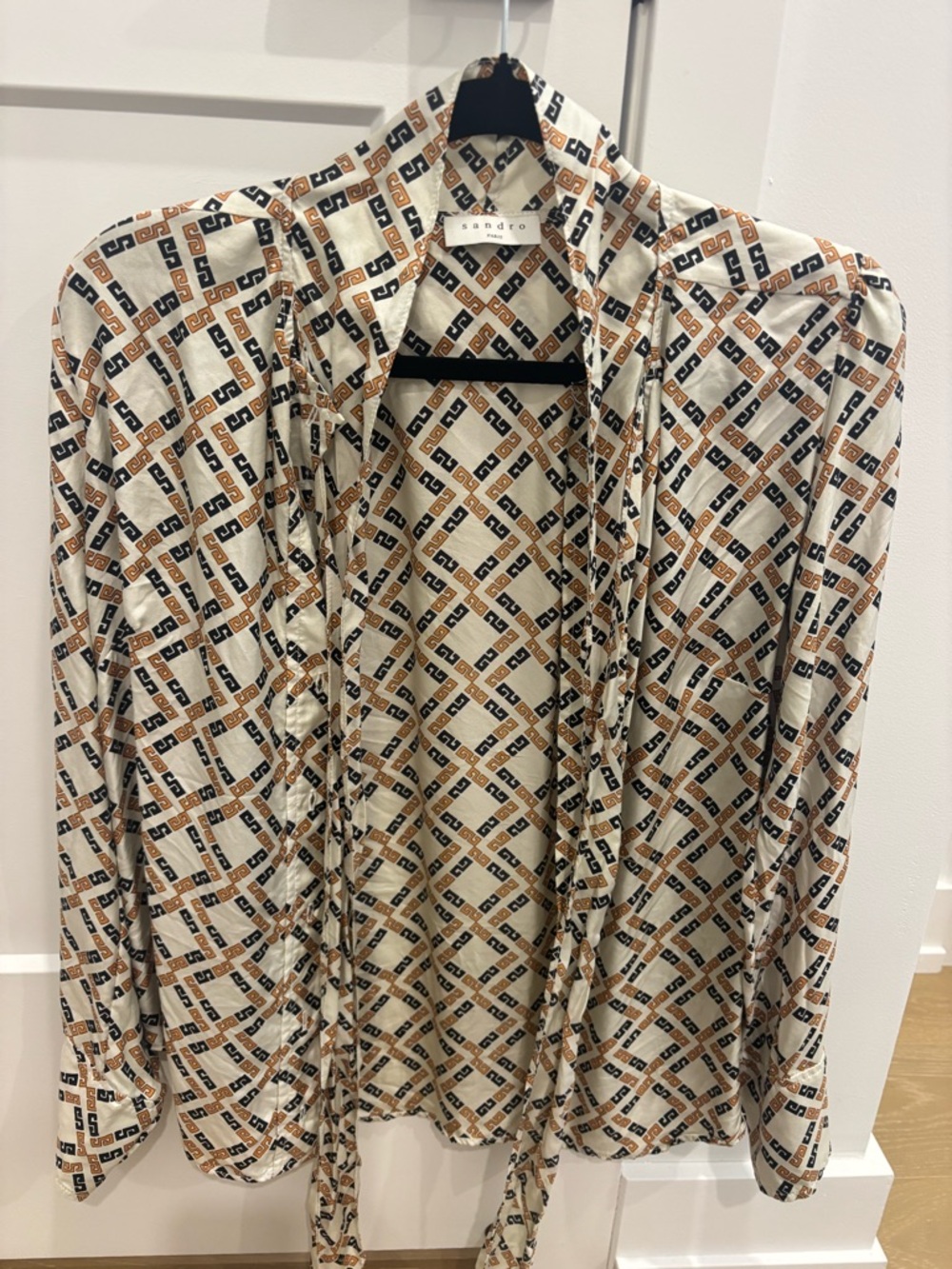 Sandro Printed Silk Logo-Chain Long Sleeve Shirt in Ivory, Black & Brown
